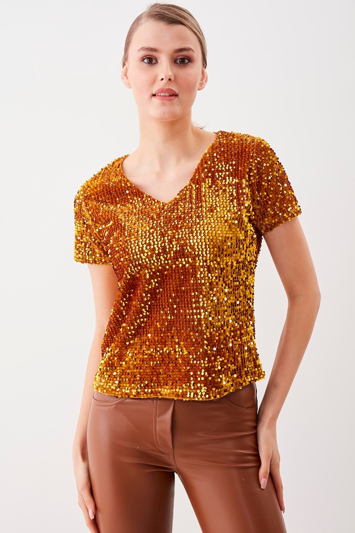 SEQUIN V COLLAR SHORT SLEEVE BLOUSE