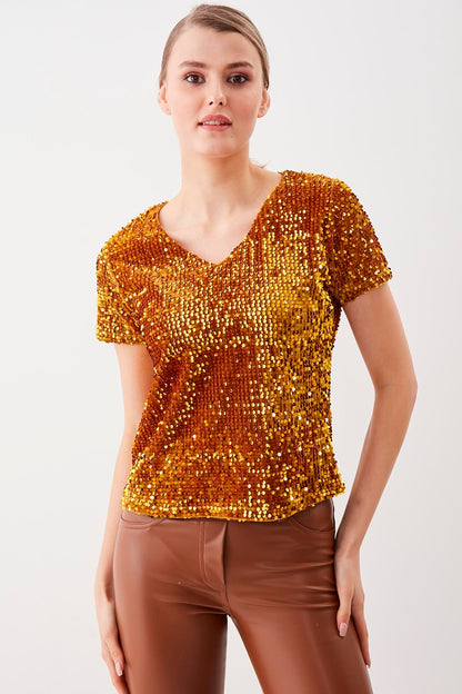 SEQUIN V COLLAR SHORT SLEEVE BLOUSE