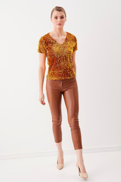 SEQUIN V COLLAR SHORT SLEEVE BLOUSE