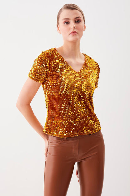 SEQUIN V COLLAR SHORT SLEEVE BLOUSE
