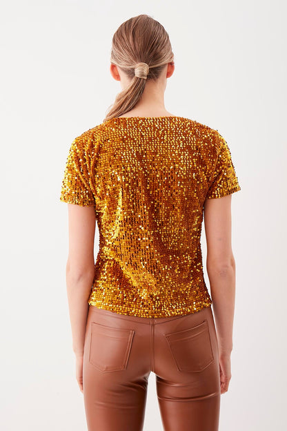 SEQUIN V COLLAR SHORT SLEEVE BLOUSE