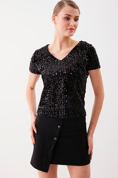 SEQUIN V COLLAR SHORT SLEEVE BLOUSE