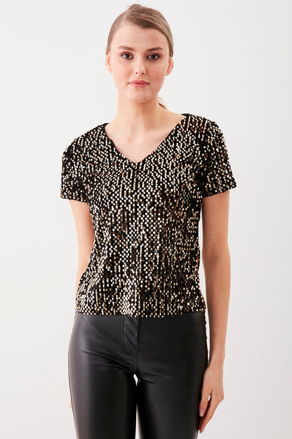 SEQUIN V COLLAR SHORT SLEEVE BLOUSE