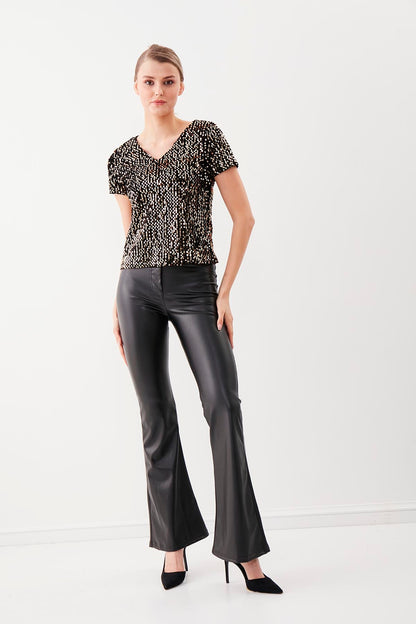SEQUIN V COLLAR SHORT SLEEVE BLOUSE