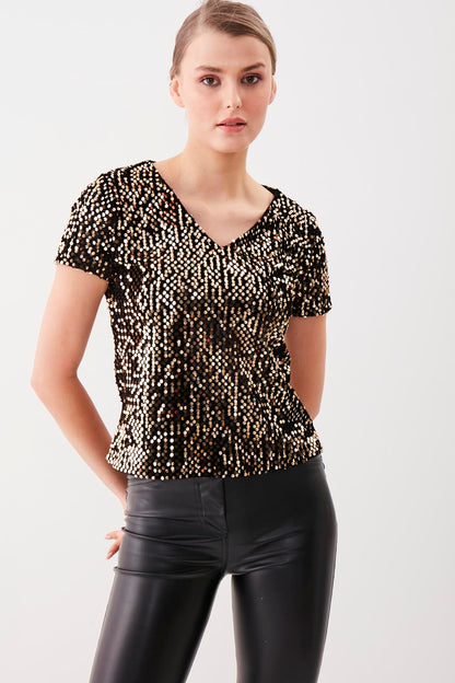 SEQUIN V COLLAR SHORT SLEEVE BLOUSE