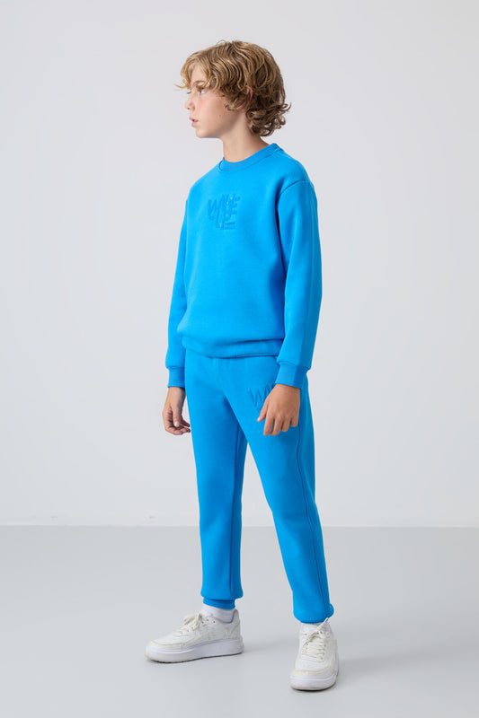 Cotton Thick Inner Fleece Soft Textured Standard Fit Printed Boys' Tracksuit Set - 11253