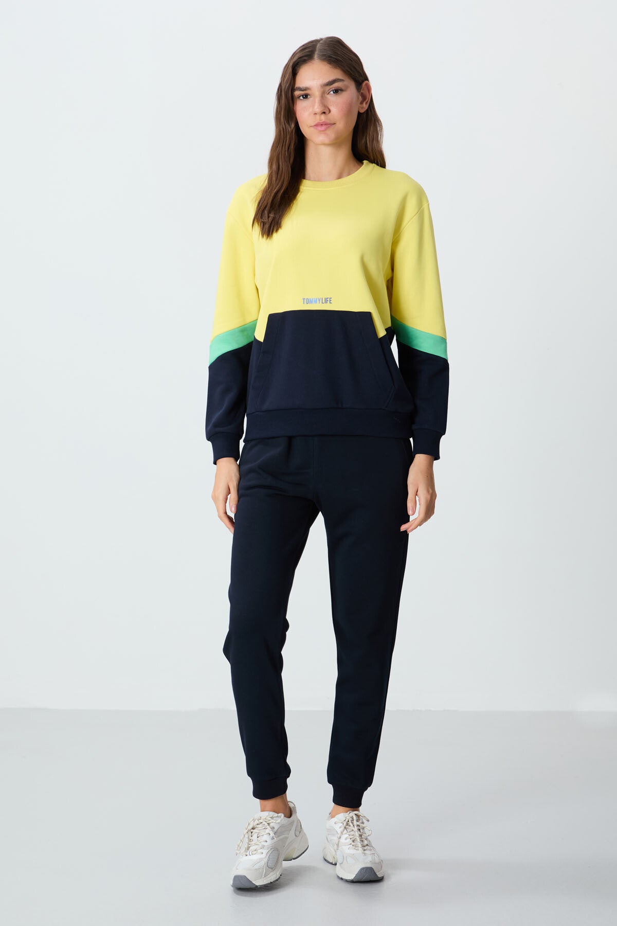Yellow Compact Cotton Thick Smooth Textured O Collar Oversize Fit Women's Sweatshirt - 97289