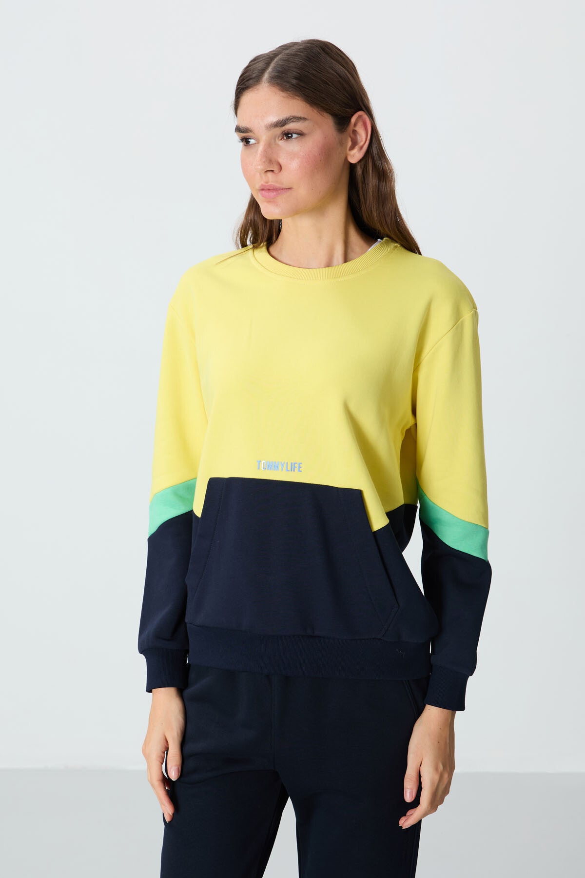 Yellow Compact Cotton Thick Smooth Textured O Collar Oversize Fit Women's Sweatshirt - 97289