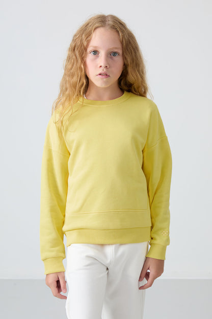 Yellow Cotton Fleece-Lined Soft Textured Oversize Embroidered Girls' Sweatshirt - 75150