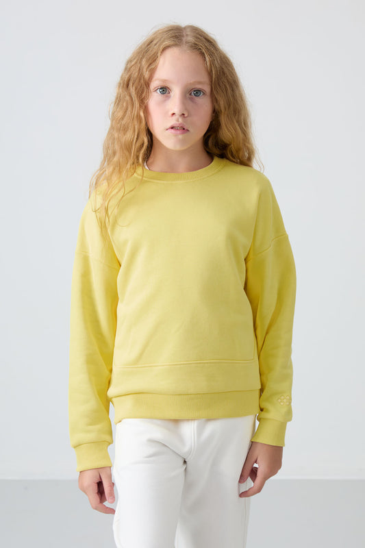 Yellow Cotton Fleece-Lined Soft Textured Oversize Embroidered Girls' Sweatshirt - 75150