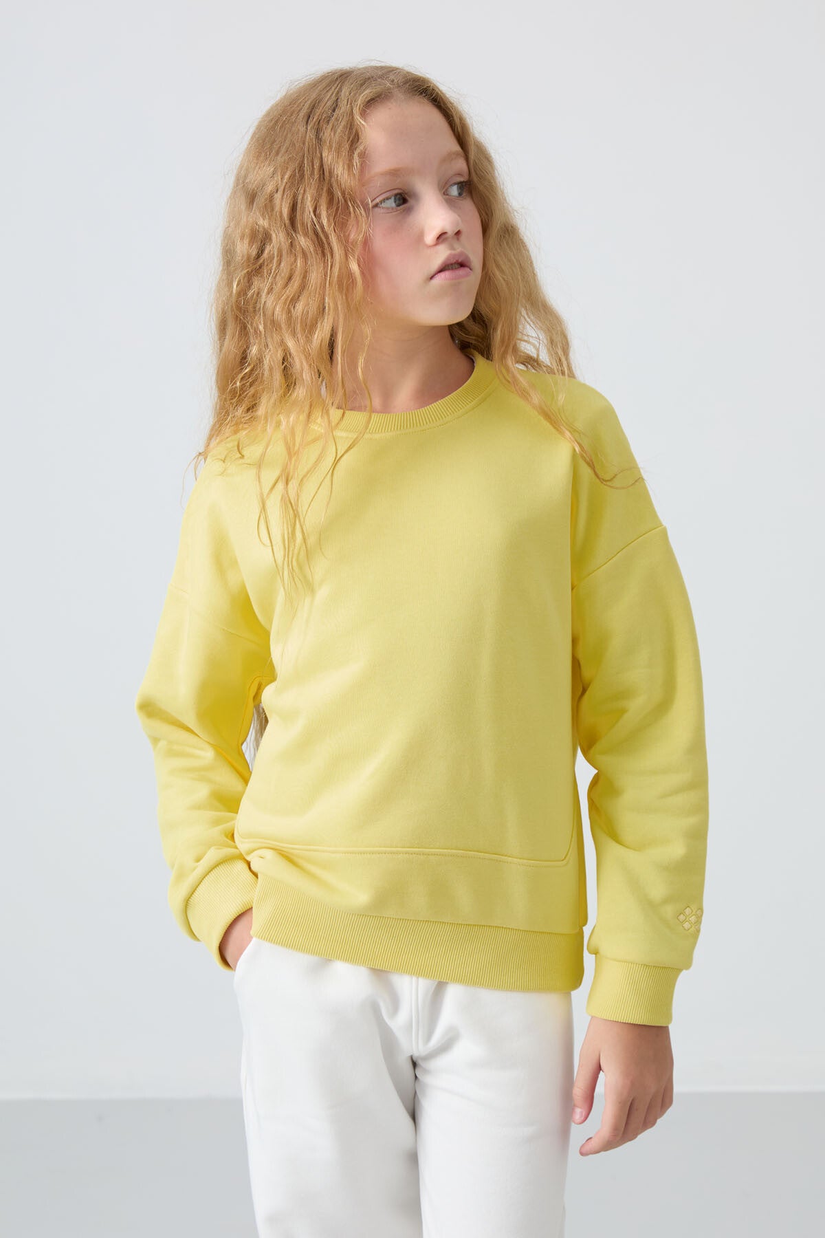 Yellow Cotton Fleece-Lined Soft Textured Oversize Embroidered Girls' Sweatshirt - 75150