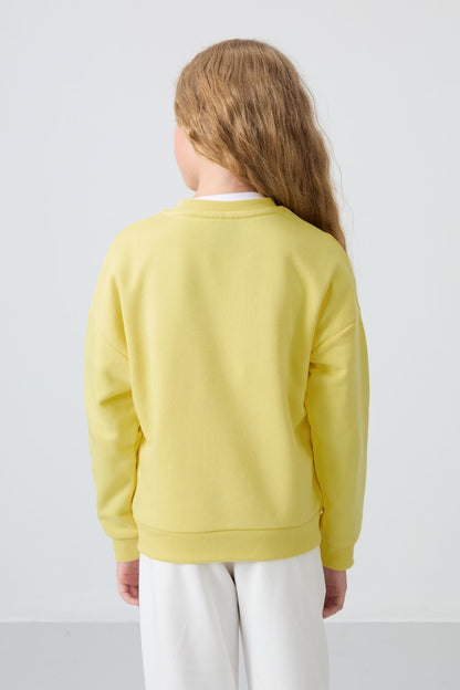 Yellow Cotton Fleece-Lined Soft Textured Oversize Embroidered Girls' Sweatshirt - 75150