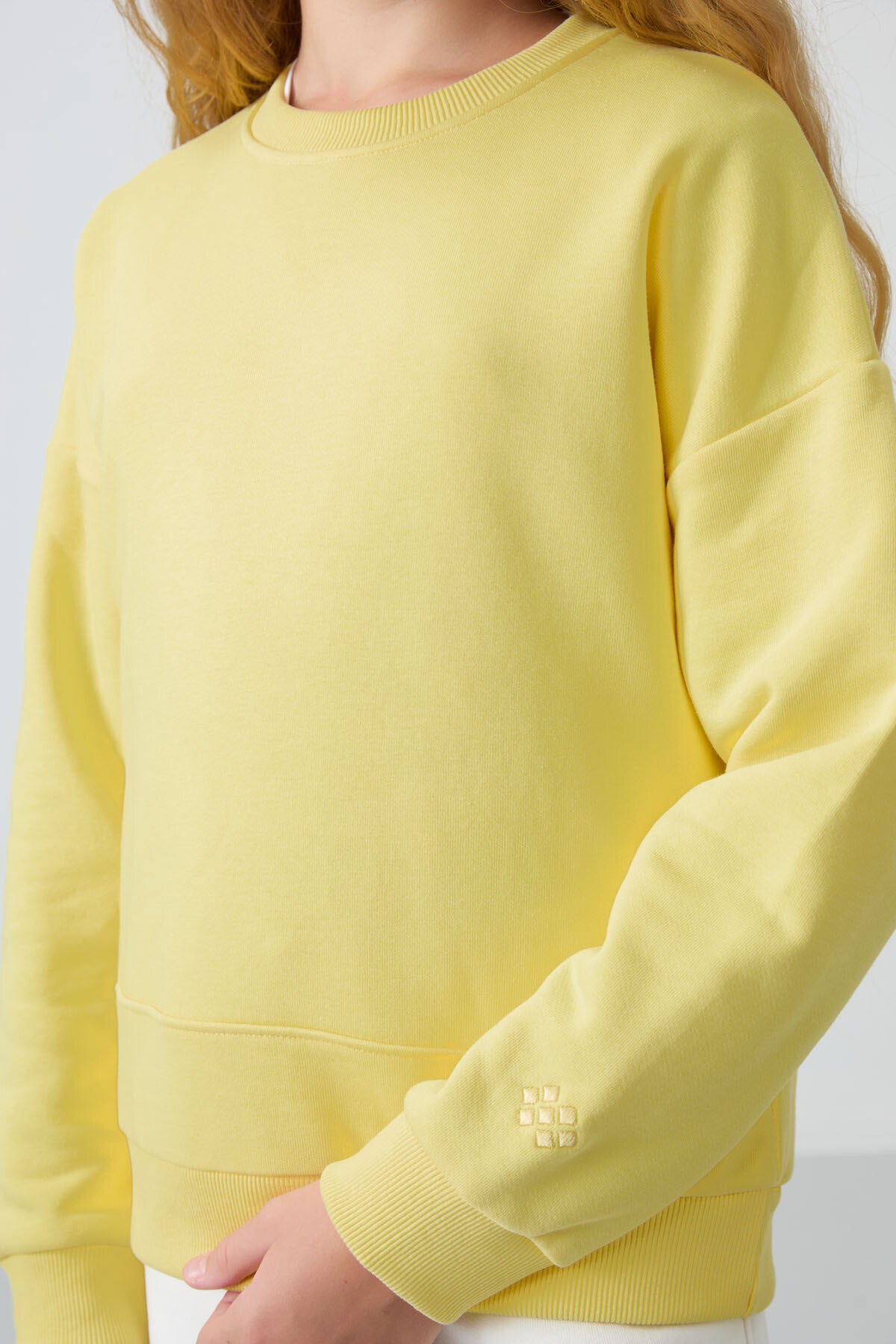 Yellow Cotton Fleece-Lined Soft Textured Oversize Embroidered Girls' Sweatshirt - 75150