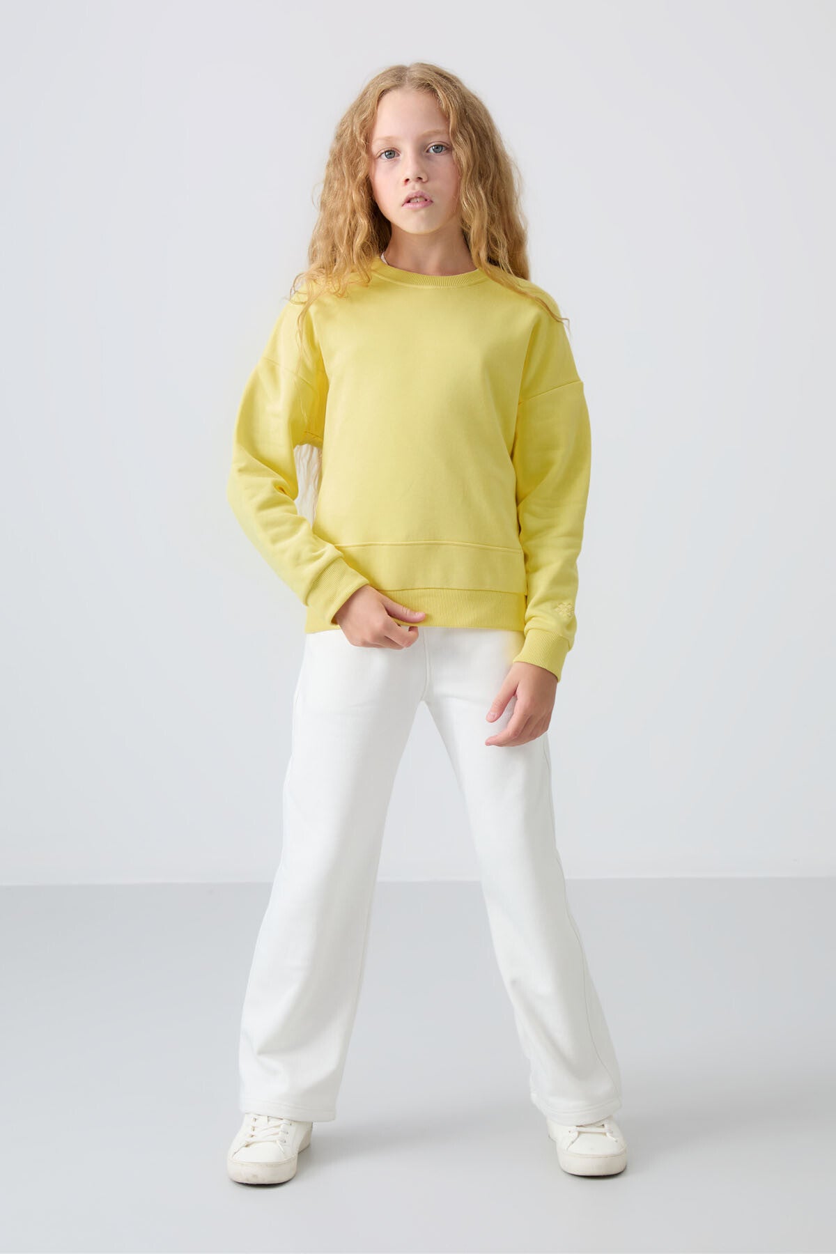 Yellow Cotton Fleece-Lined Soft Textured Oversize Embroidered Girls' Sweatshirt - 75150