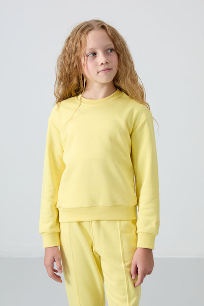 Yellow Cotton Fleece-Lined Soft Textured Oversize Embroidered Girls' Tracksuit Set - 75145