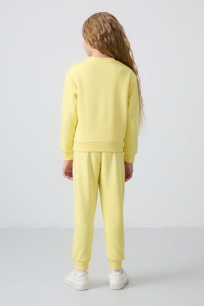 Yellow Cotton Fleece-Lined Soft Textured Oversize Embroidered Girls' Tracksuit Set - 75145