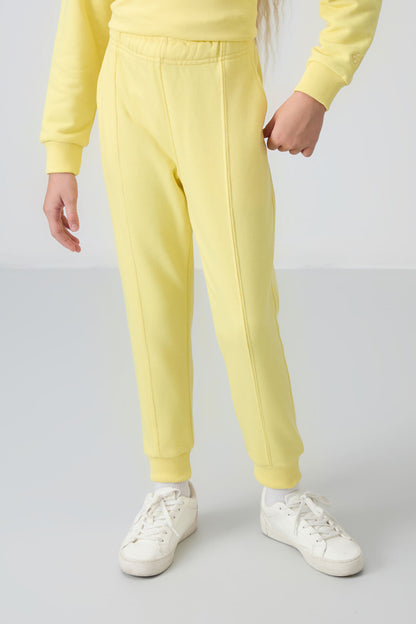 Yellow Cotton Fleece-Lined Soft Textured Oversize Embroidered Girls' Tracksuit Set - 75145