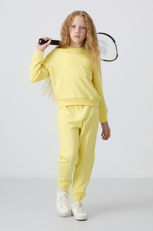 Yellow Cotton Fleece-Lined Soft Textured Oversize Embroidered Girls' Tracksuit Set - 75145