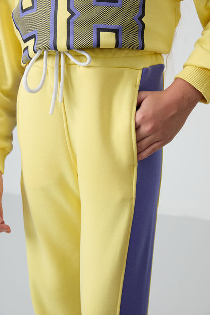 Yellow Cotton Fleece-Lined Soft Textured Standard Fit Printed Girls' Tracksuit Set - 75170