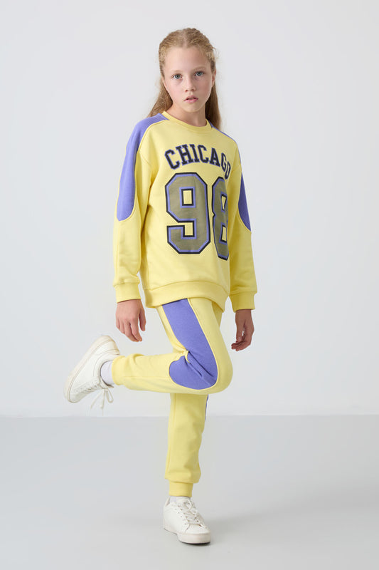 Yellow Cotton Fleece-Lined Soft Textured Standard Fit Printed Girls' Tracksuit Set - 75170