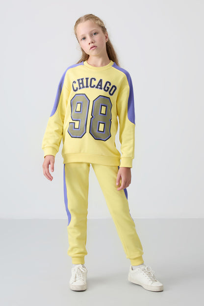 Yellow Cotton Fleece-Lined Soft Textured Standard Fit Printed Girls' Tracksuit Set - 75170
