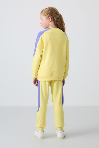Yellow Cotton Fleece-Lined Soft Textured Standard Fit Printed Girls' Tracksuit Set - 75170