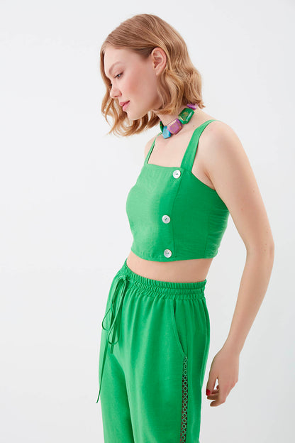 PSORIASIS-BUTTONED BACK COILED CROP BLOUSE