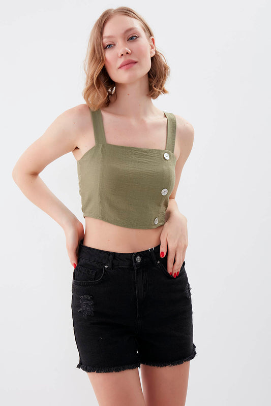 PSORIASIS-BUTTONED BACK COILED CROP BLOUSE