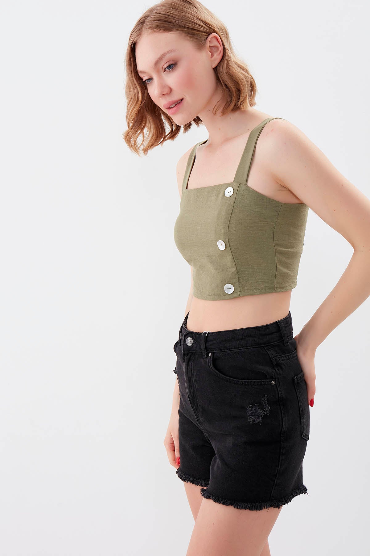 PSORIASIS-BUTTONED BACK COILED CROP BLOUSE