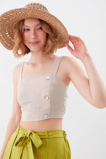 PSORIASIS-BUTTONED BACK COILED CROP BLOUSE