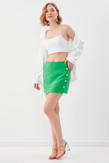 PSORIASIS-BUTTON VISCOSE LINEN MINI-SKIRT