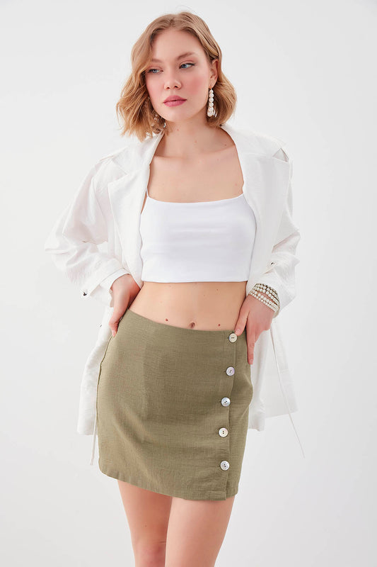 PSORIASIS-BUTTON VISCOSE LINEN MINI-SKIRT
