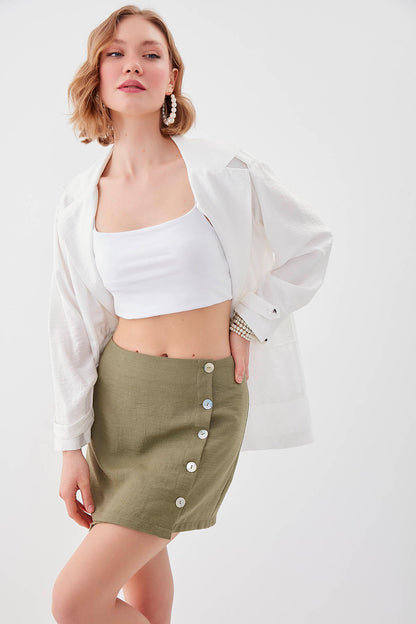 PSORIASIS-BUTTON VISCOSE LINEN MINI-SKIRT
