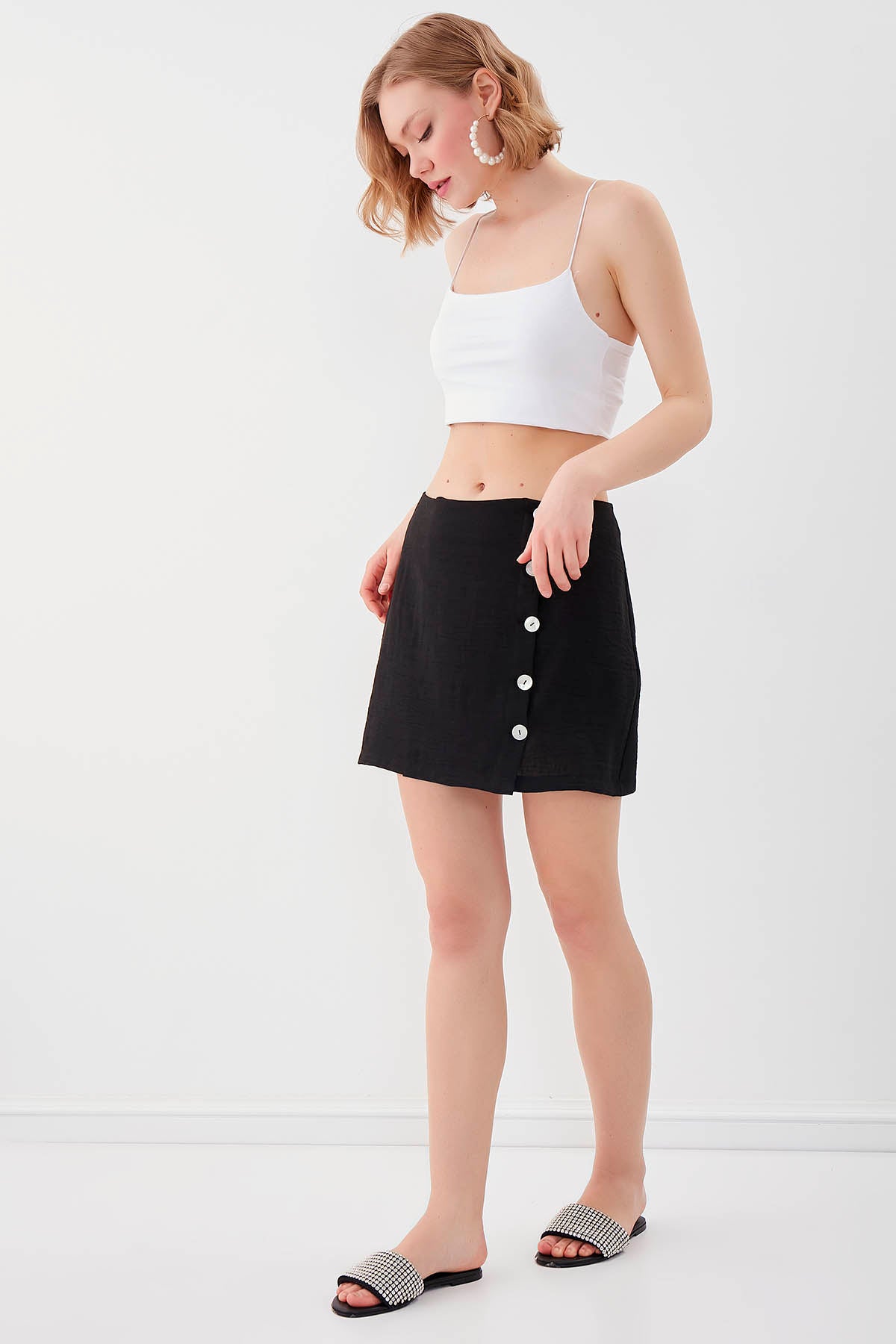 PSORIASIS-BUTTON VISCOSE LINEN MINI-SKIRT