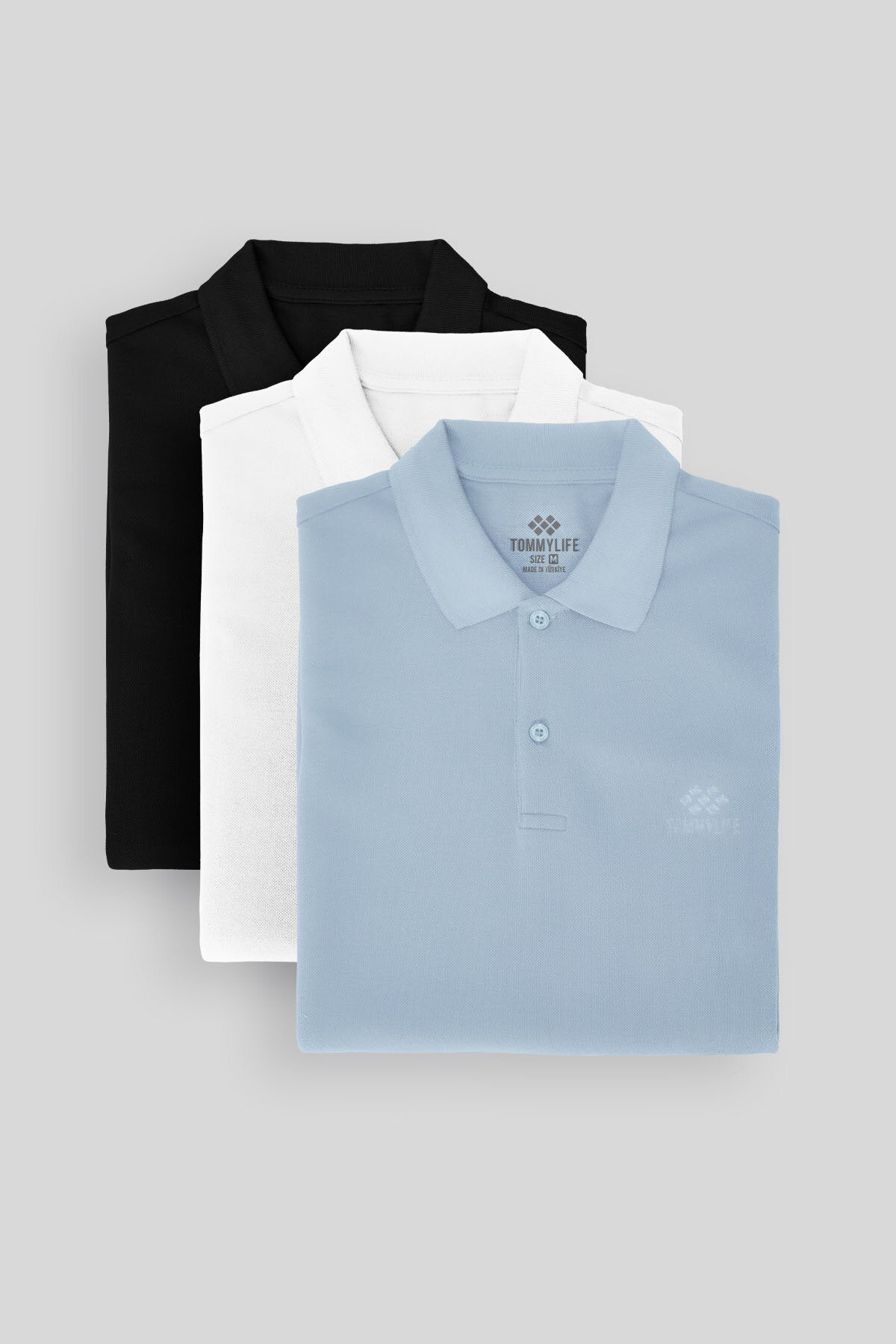 Standard Fit Basic Polo Collar Pack of 3 Black and white and ice blue men's T-Shirt 87748