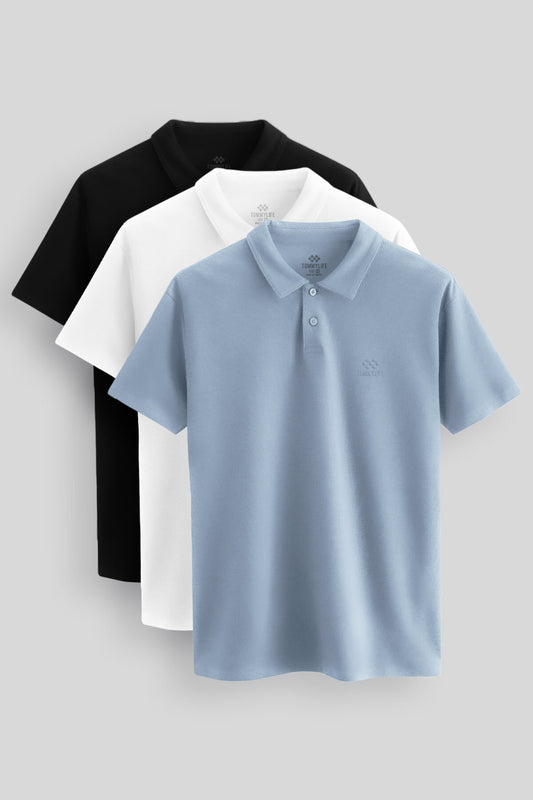 Standard Fit Basic Polo Collar Pack of 3 Black and white and ice blue men's T-Shirt 87748