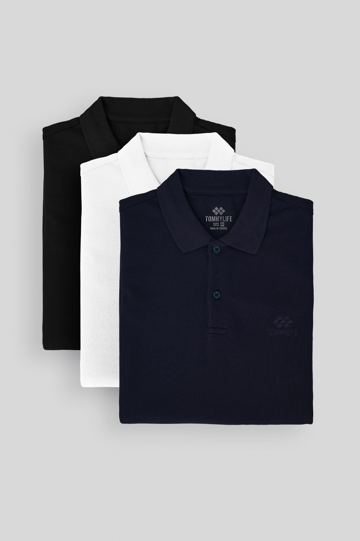 Standard Fit Basic Polo Collar Pack of 3 Black and white and Navy Men's T-Shirt 87748