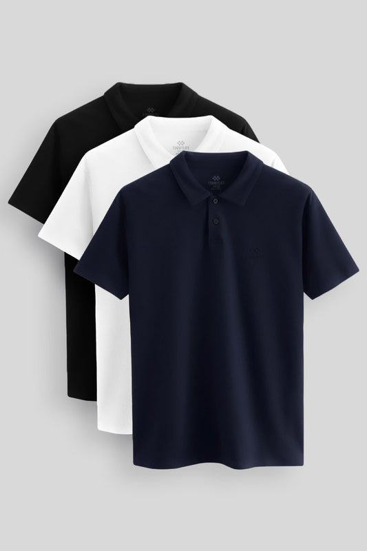 Standard Fit Basic Polo Collar Pack of 3 Black and white and Navy Men's T-Shirt 87748