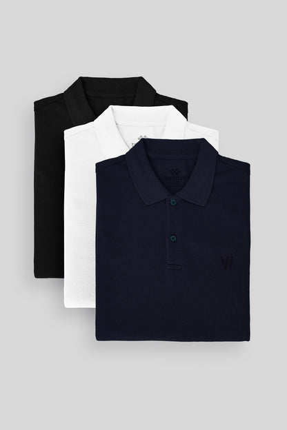 Standard Fit Basic Polo Collar Pack of 3 Black and white and blue Men's T-Shirt 87768