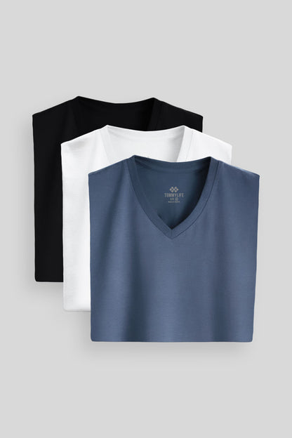 Standard Fit Basic V Collar Pack of 3 Black and white petrol men's T-Shirt 87912