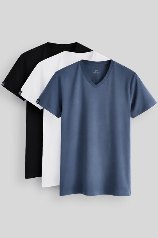 Standard Fit Basic V Collar Pack of 3 Black and white petrol men's T-Shirt 87912