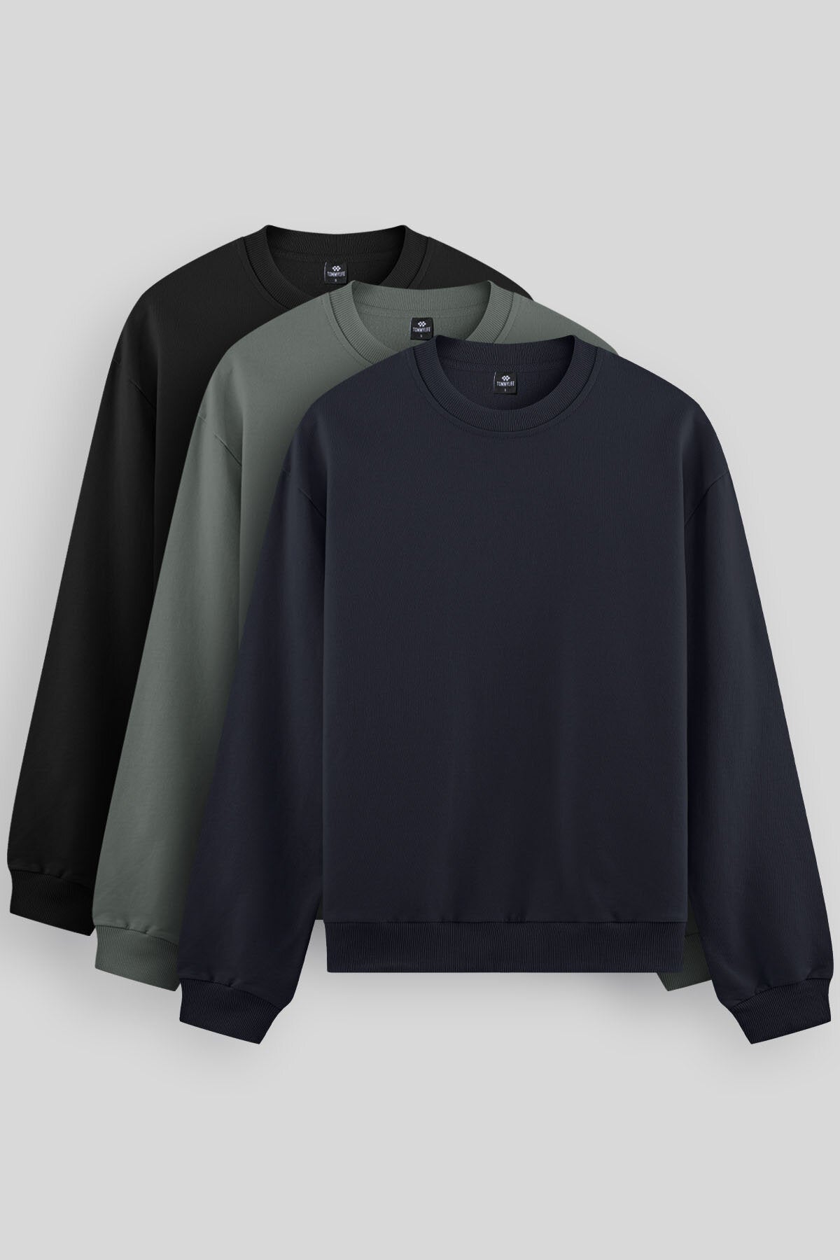 Standard Fit Basic O Collar Pack of 3 Black-Navy-Khaki Men's Sweatshirt 88053
