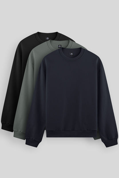 Standard Fit Basic O Collar Pack of 3 Black-Navy-Khaki Men's Sweatshirt 88053