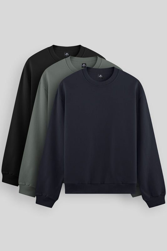 Standard Fit Basic O Collar Pack of 3 Black-Navy-Khaki Men's Sweatshirt 88053