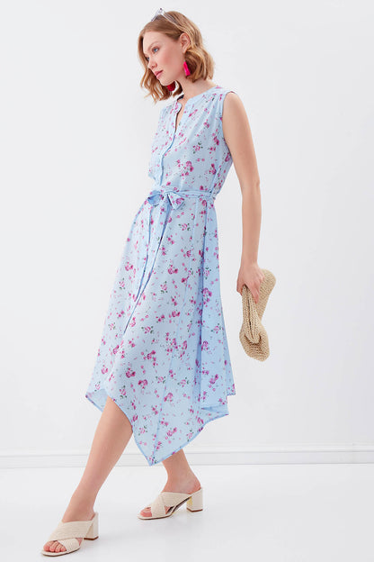 SLEEVELESS BELT-ATTACHED FLORAL DRESS