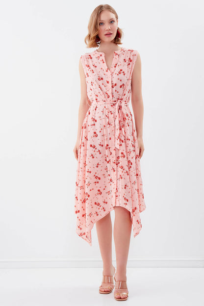 SLEEVELESS BELT-ATTACHED FLORAL DRESS