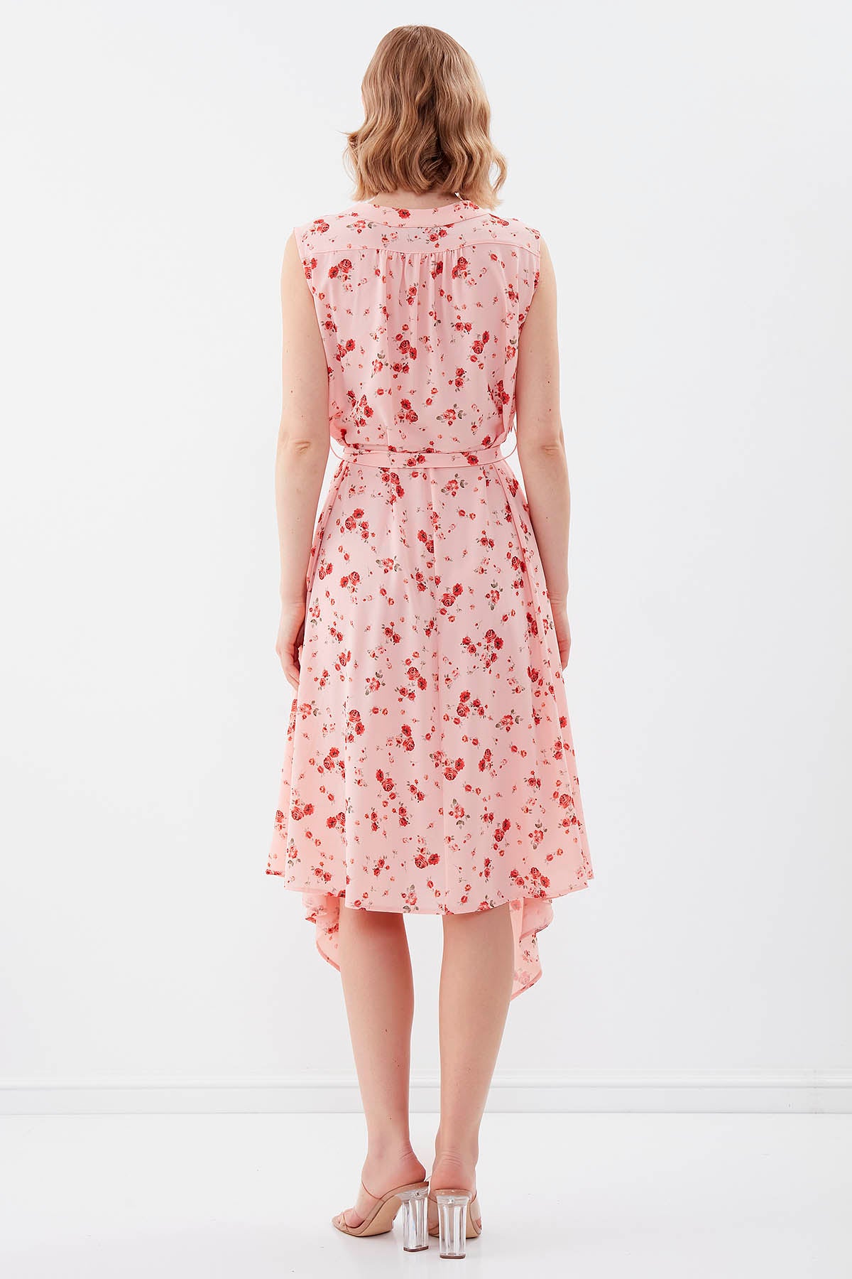 SLEEVELESS BELT-ATTACHED FLORAL DRESS