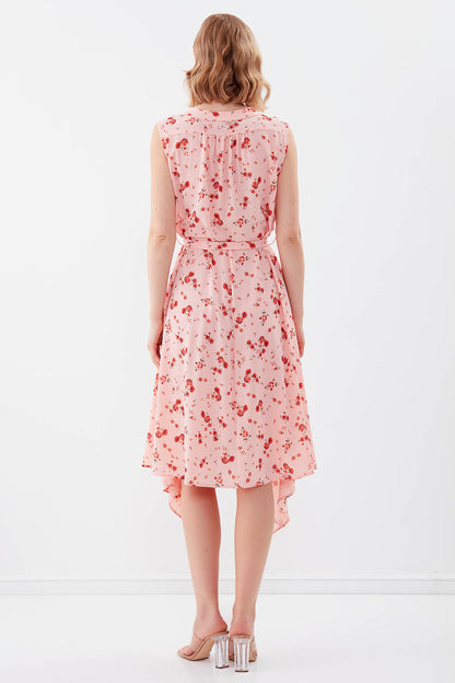 SLEEVELESS BELT-ATTACHED FLORAL DRESS