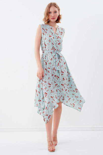 SLEEVELESS BELT-ATTACHED FLORAL DRESS
