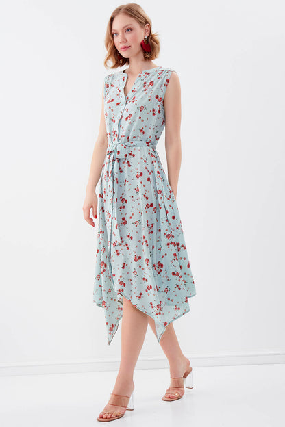 SLEEVELESS BELT-ATTACHED FLORAL DRESS